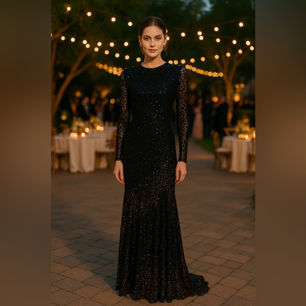 Elegant Black Sequin Long Sleeve Evening Gown